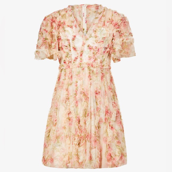 Needle and Thread Waltzing Blooms Mini Dress V Neck Ruffle Floral Dress Size 2 - Picture 3 of 9